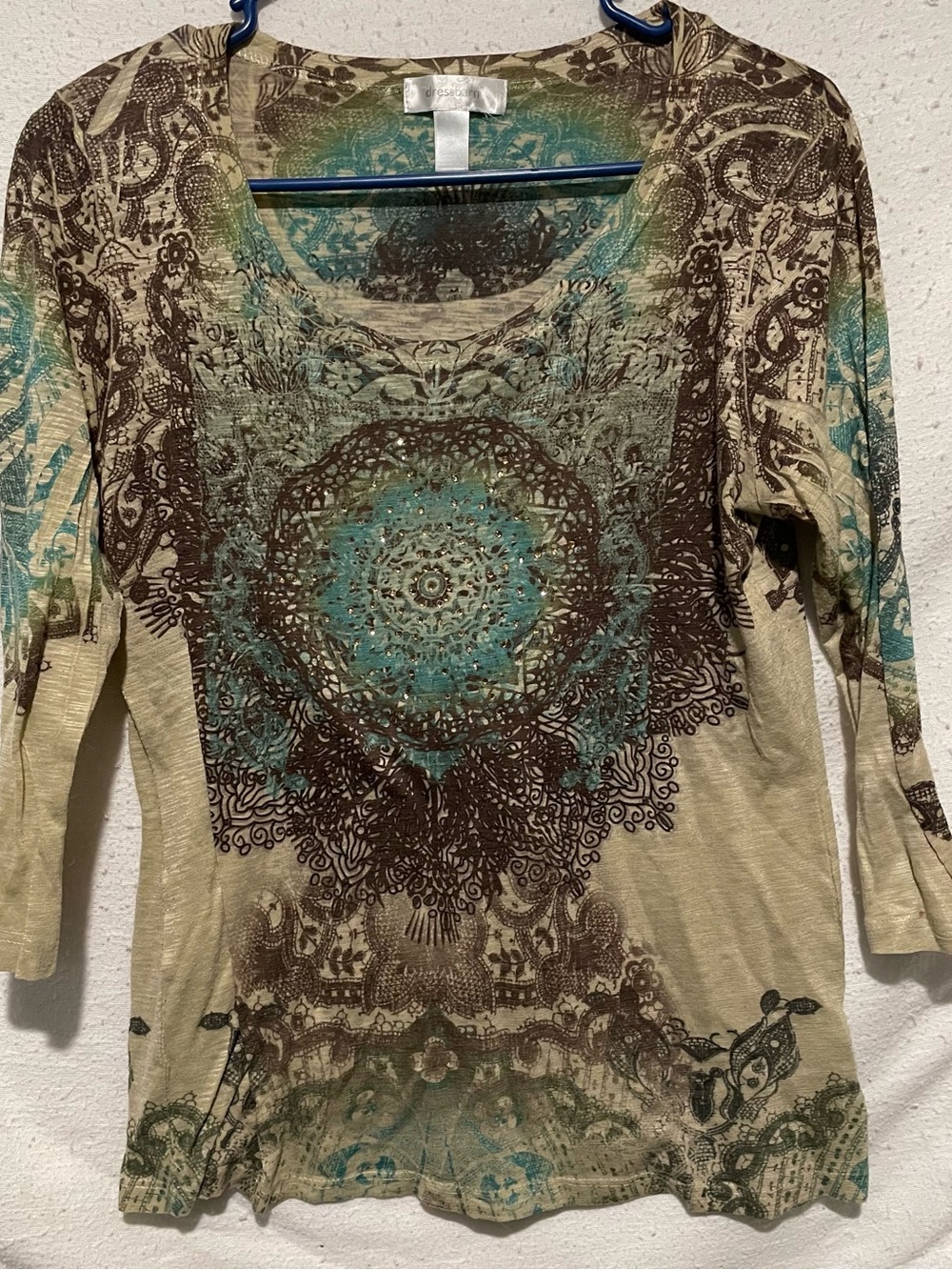 dressbarn Scoop Neck Long Sleeve Top in Teal and Brown